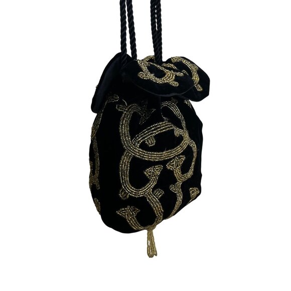 Black Velvet Drawstring Pouch Bag With Gold Beaded Design & Braided Shoulder Str - Picture 2 of 9